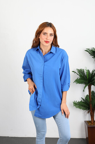 Berox - Eteği Oval Kadın Marin Oversize Terikoton Gömlek