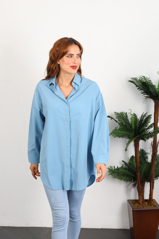 Berox - Eteği Oval Kadın Mavi Oversize Terikoton Gömlek