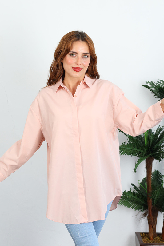 Berox - Eteği Oval Kadın Pudra Oversize Terikoton Gömlek (1)