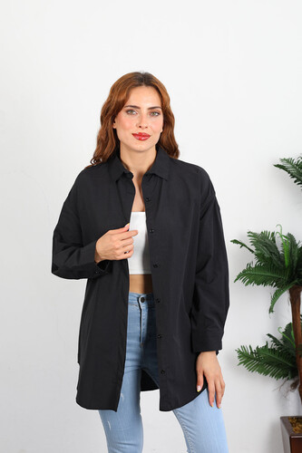 Berox - Eteği Oval Kadın Siyah Oversize Terikoton Gömlek (1)