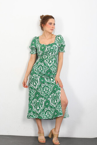 Etnik Desen Göğüs Büzgülü Kadın Yeşil Elbise - Thumbnail