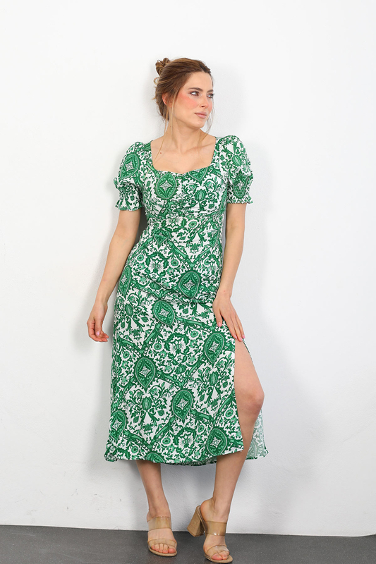 Berox - Etnik Desen Göğüs Büzgülü Kadın Yeşil Elbise