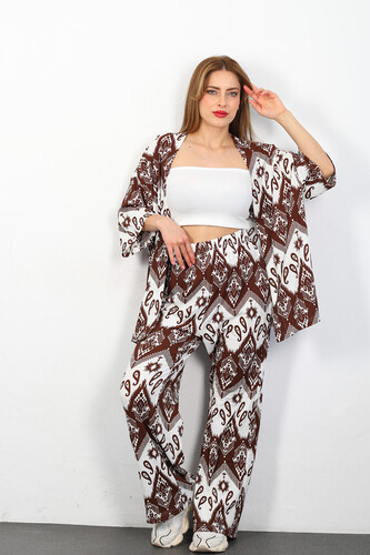 Etnik Desen Kadın Kahverengi Kimono Takım - Thumbnail