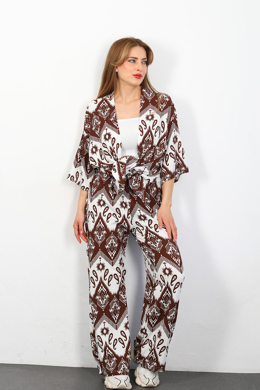 Berox - Etnik Desen Kadın Kahverengi Kimono Takım