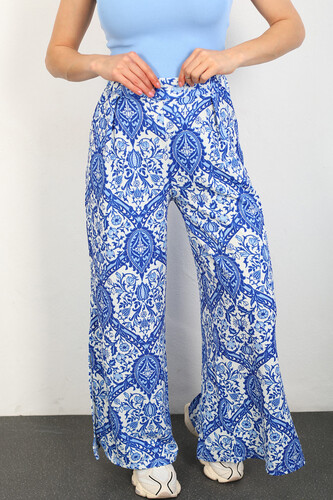 Berox - Etnik Desen Kadın Saks Mavisi Bol Paça Yırtmaçlı Bürümcük Pantolon (1)