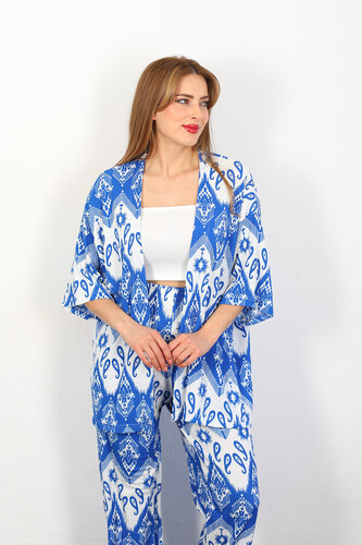 Etnik Desen Kadın Saks Mavisi Kimono Takım - Thumbnail