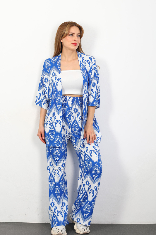 Berox - Etnik Desen Kadın Saks Mavisi Kimono Takım