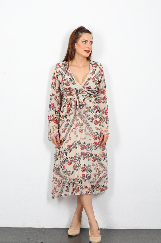 Berox - Etnik Desen Kadın Taş Rengi Şifon Elbise (1)