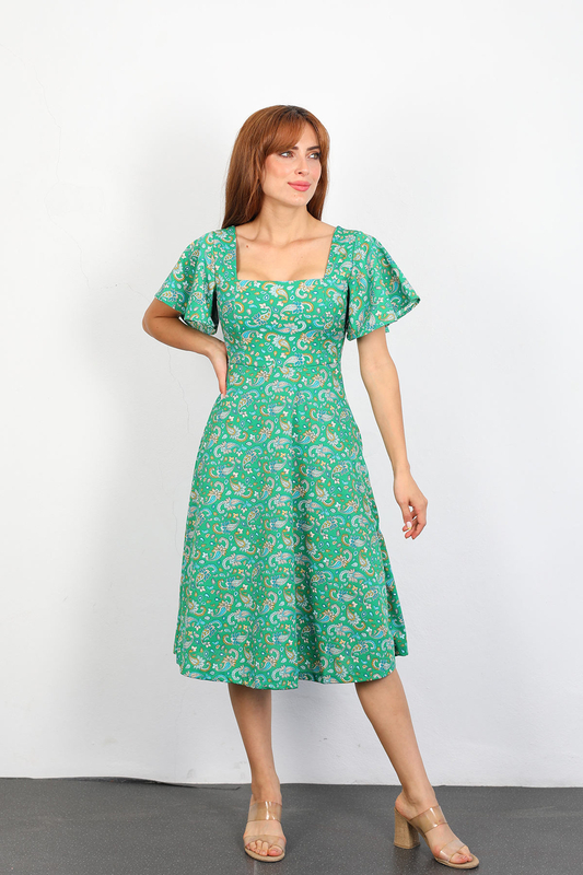 Berox - Etnik Desen Kare Yaka Kadın Yeşil Kloş Elbise (1)