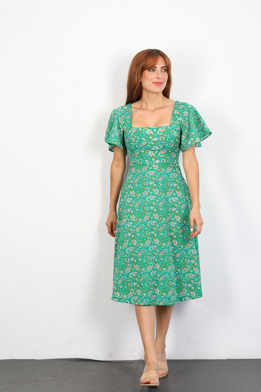Berox - Etnik Desen Kare Yaka Kadın Yeşil Kloş Elbise