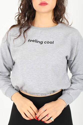 Berox - Feeling Cool Baskılı Eteği Bağlamalı Gri Kadın Sweat (1)