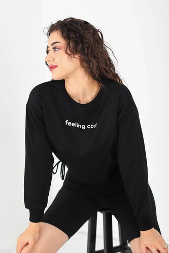 Berox - Feeling Cool Baskılı Eteği Bağlamalı Siyah Kadın Sweat