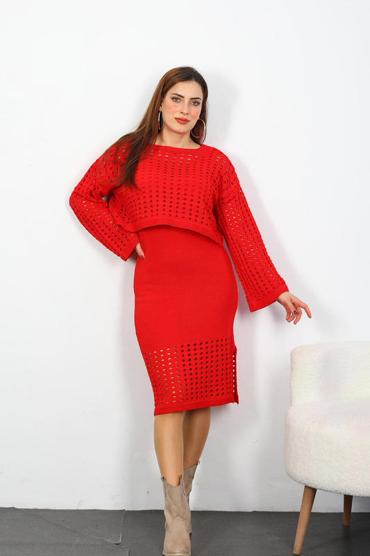 Berox - Fileli Kadın Kırmızı Triko Crop Elbise Takım (1)