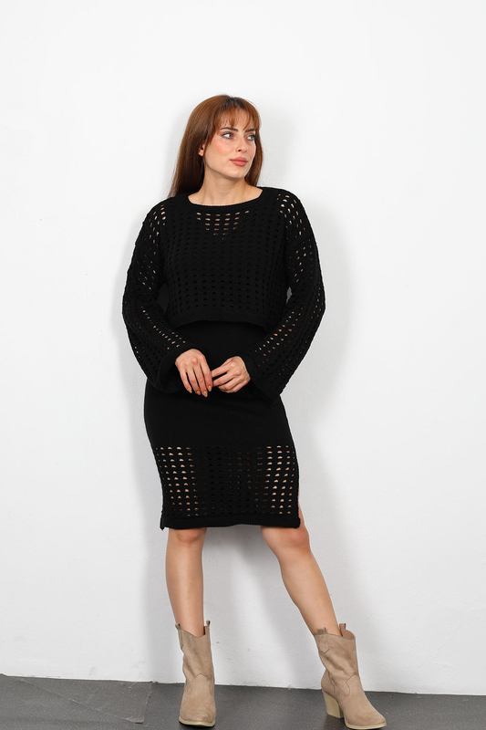 Berox - Fileli Kadın Siyah Triko Crop Elbise Takım