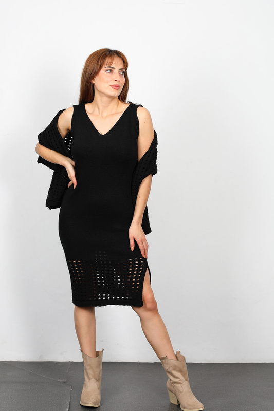 Berox - Fileli Kadın Siyah Triko Crop Elbise Takım (1)