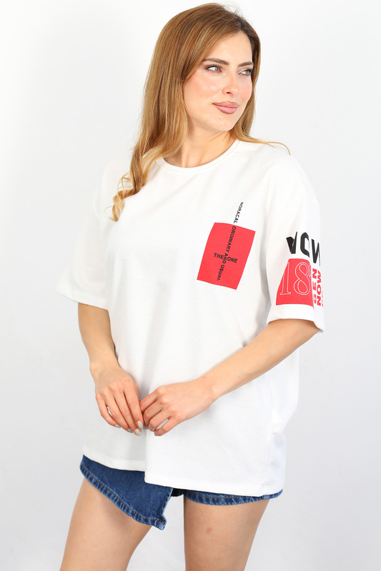 Berox - Forshının Baskılı Oversize Beyaz Kadın T-shirt