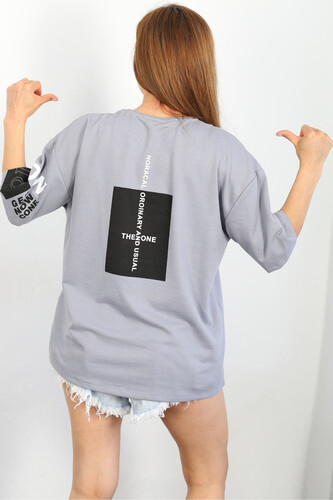 Berox - Forshının Baskılı Oversize Gri Kadın T-shirt (1)