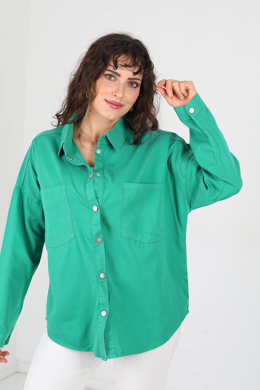 Berox - Gabardin Çıtçıtlı Kadın Zümrüt Yeşili Oversize Keten Gömlek