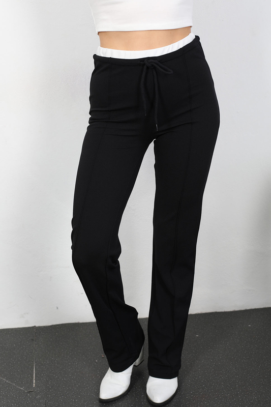 Berox - Garnili Beli Bağcıklı Siyah Kadın Çimalı Pantolon (1)