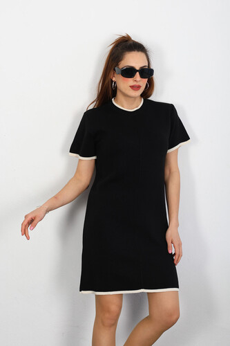Berox - Garnili Kısa Kol Kadın Siyah Triko Elbise