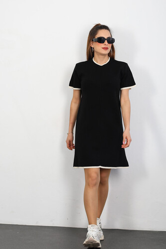 Berox - Garnili Kısa Kol Kadın Siyah Triko Elbise (1)