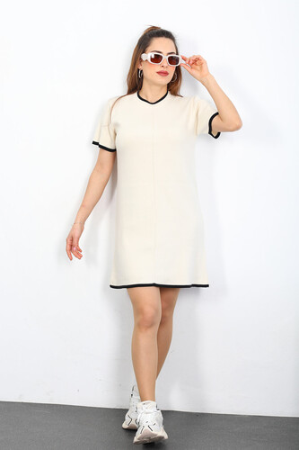 Berox - Garnili Kısa Kol Kadın Taş Rengi Triko Elbise (1)