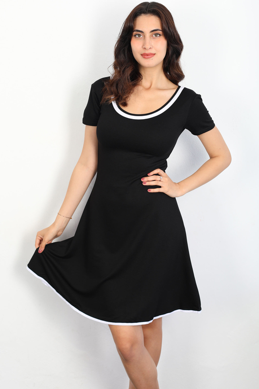Berox - Garnili Kısa Kol Siyah Kadın Kloş Elbise (1)