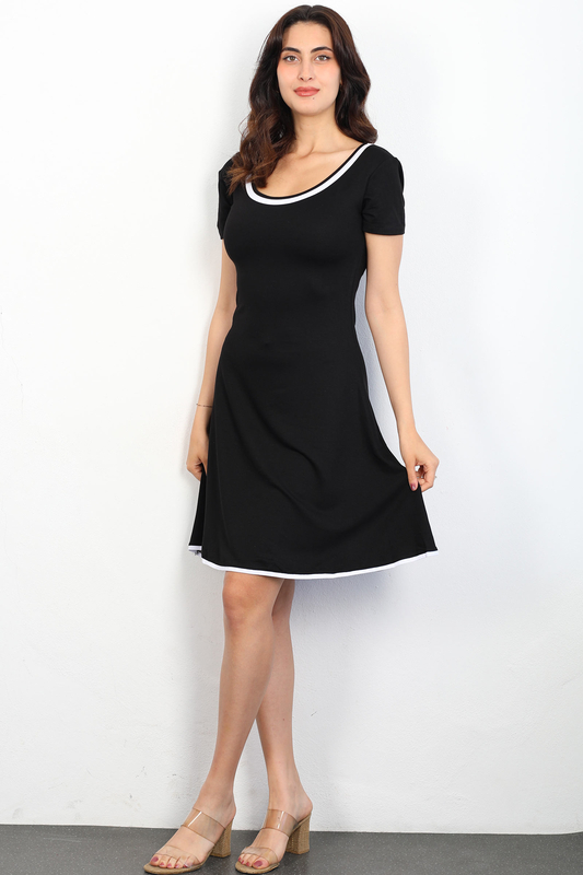 Berox - Garnili Kısa Kol Siyah Kadın Kloş Elbise