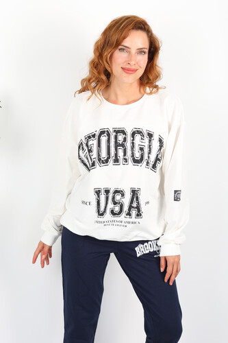 Berox - Georgia Baskılı Beyaz Kadın Oversize Sweatshirt