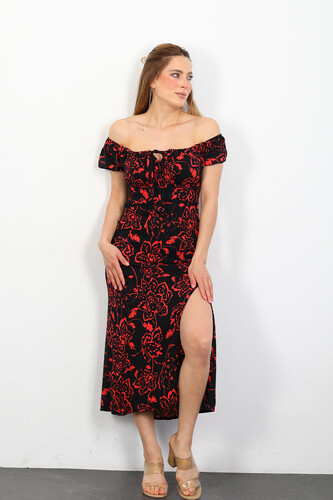 Berox - Göğüs Bağlamalı Kadın Kırmızı Desenli Elbise