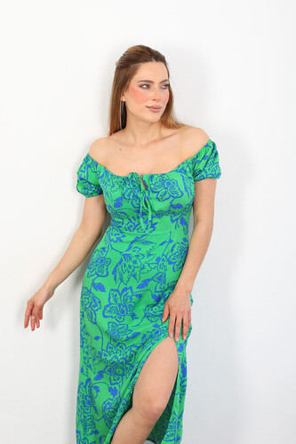 Berox - Göğüs Bağlamalı Kadın Zümrüt Yeşili Desenli Elbise (1)