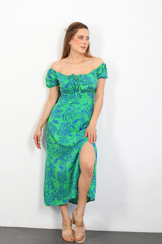 Berox - Göğüs Bağlamalı Kadın Zümrüt Yeşili Desenli Elbise