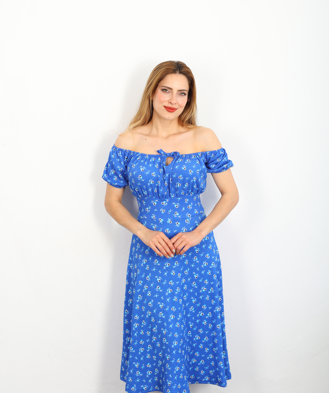 Berox - Göğüs Büzgülü Çiçek Desen Mavi Kadın Elbise (1)