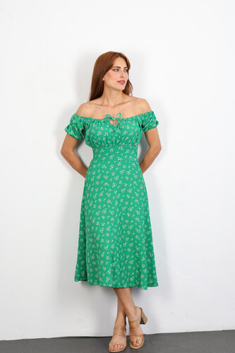 Berox - Göğüs Büzgülü Çiçek Desen Yeşil Kadın Elbise (1)