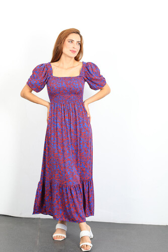 Berox - Göğüs Gipeli Desenli Kadın Lacivert Volanlı Elbise (1)