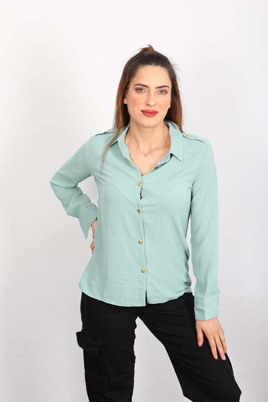 Berox - Gold Düğmeli Kadın Mint Yeşili Ayrobin Gömlek (1)