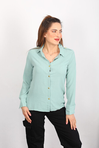 Berox - Gold Düğmeli Kadın Mint Yeşili Ayrobin Gömlek