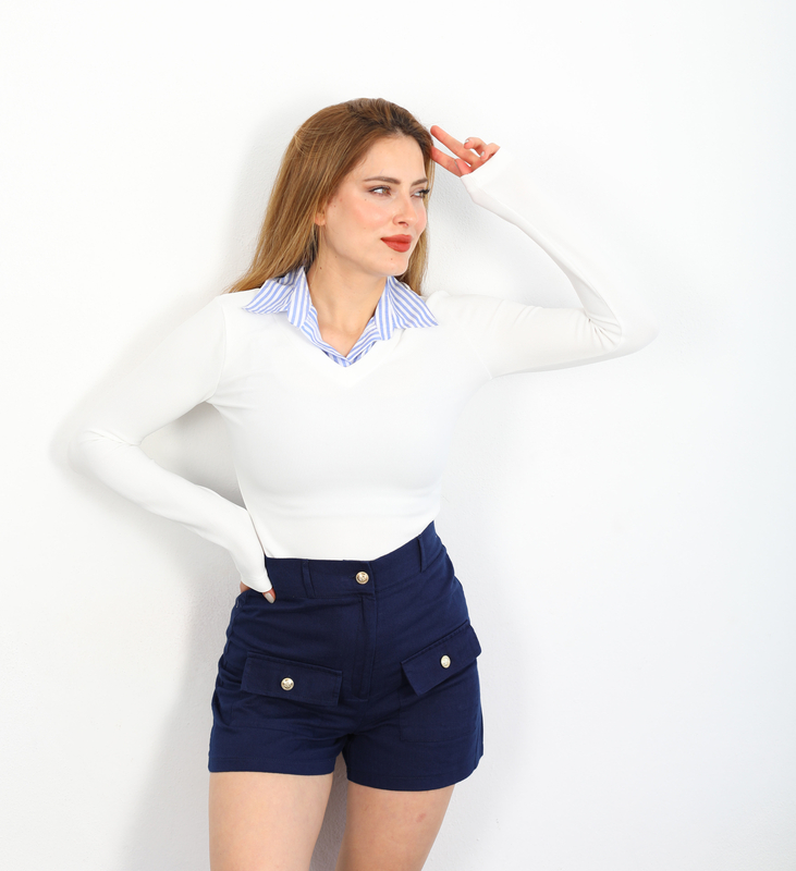 Berox - Gömlek Parçalı Beyaz Kadın Kaşkorse Bluz (1)