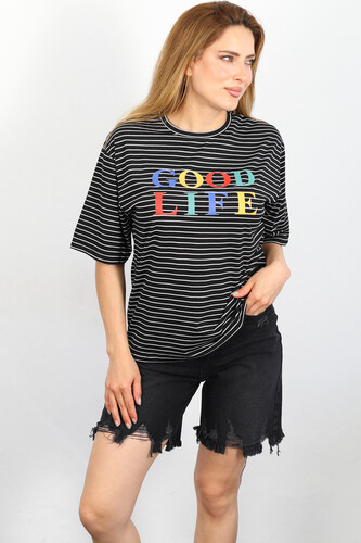 Good Life Baskılı Çizgili Siyah Kadın T-shirt - Thumbnail