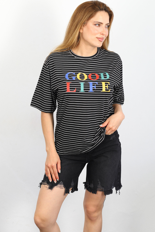 Berox - Good Life Baskılı Çizgili Siyah Kadın T-shirt (1)