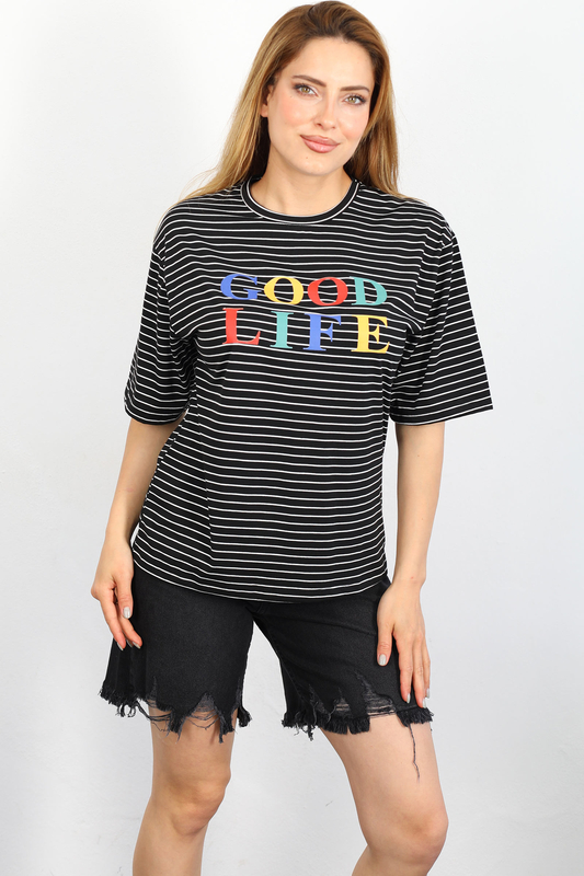 Berox - Good Life Baskılı Çizgili Siyah Kadın T-shirt