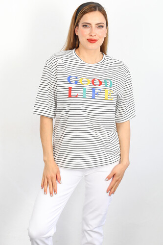 Berox - Good Life Baskılı Çizgili Beyaz Kadın T-shirt