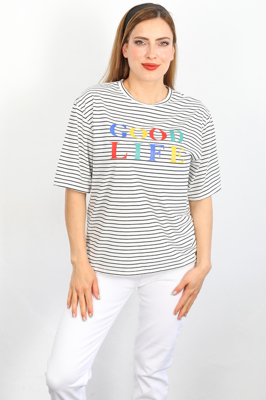 Berox - Good Life Baskılı Çizgili Beyaz Kadın T-shirt