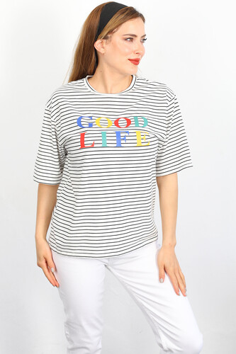 Good Life Baskılı Çizgili Beyaz Kadın T-shirt - Thumbnail