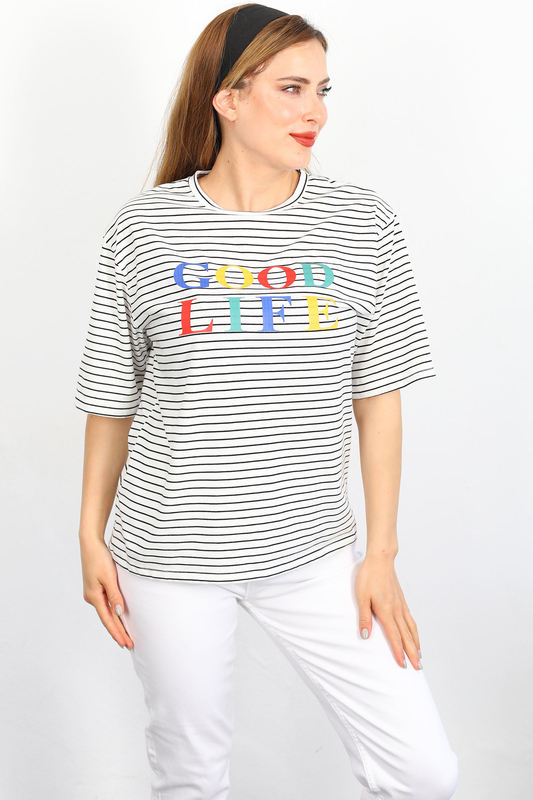 Berox - Good Life Baskılı Çizgili Beyaz Kadın T-shirt (1)