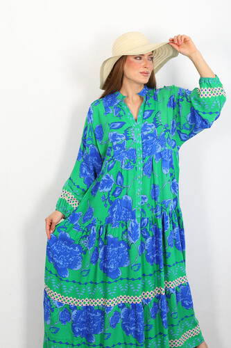 Hakim Yaka Çiçekli Yeşil Kadın Gömlek Elbise - Thumbnail