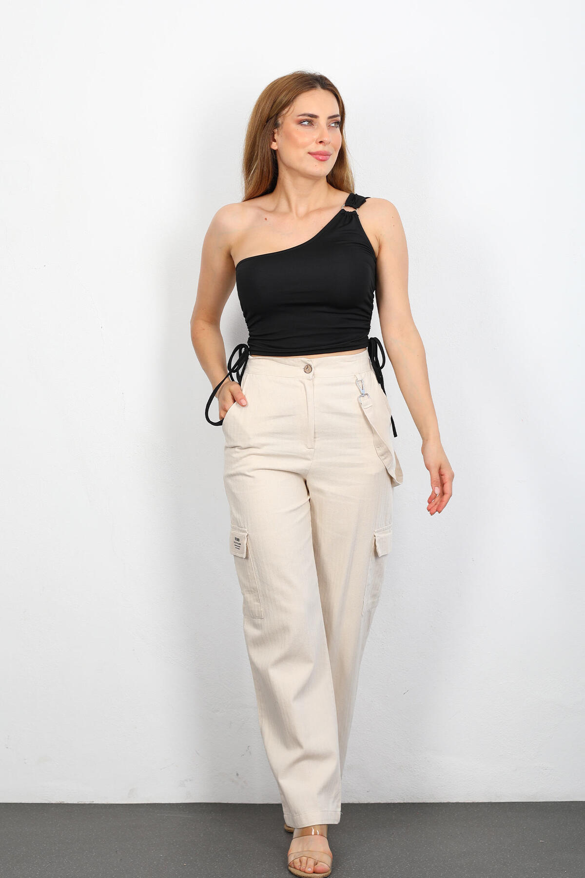 Berox - Halka Detay Kargo Cepli Taş Rengi Kadın Keten Pantolon