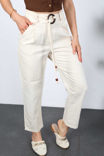 Berox - Halka Kemerli Önü Pensli Keten Taş Rengi Kadın Pantolon (1)