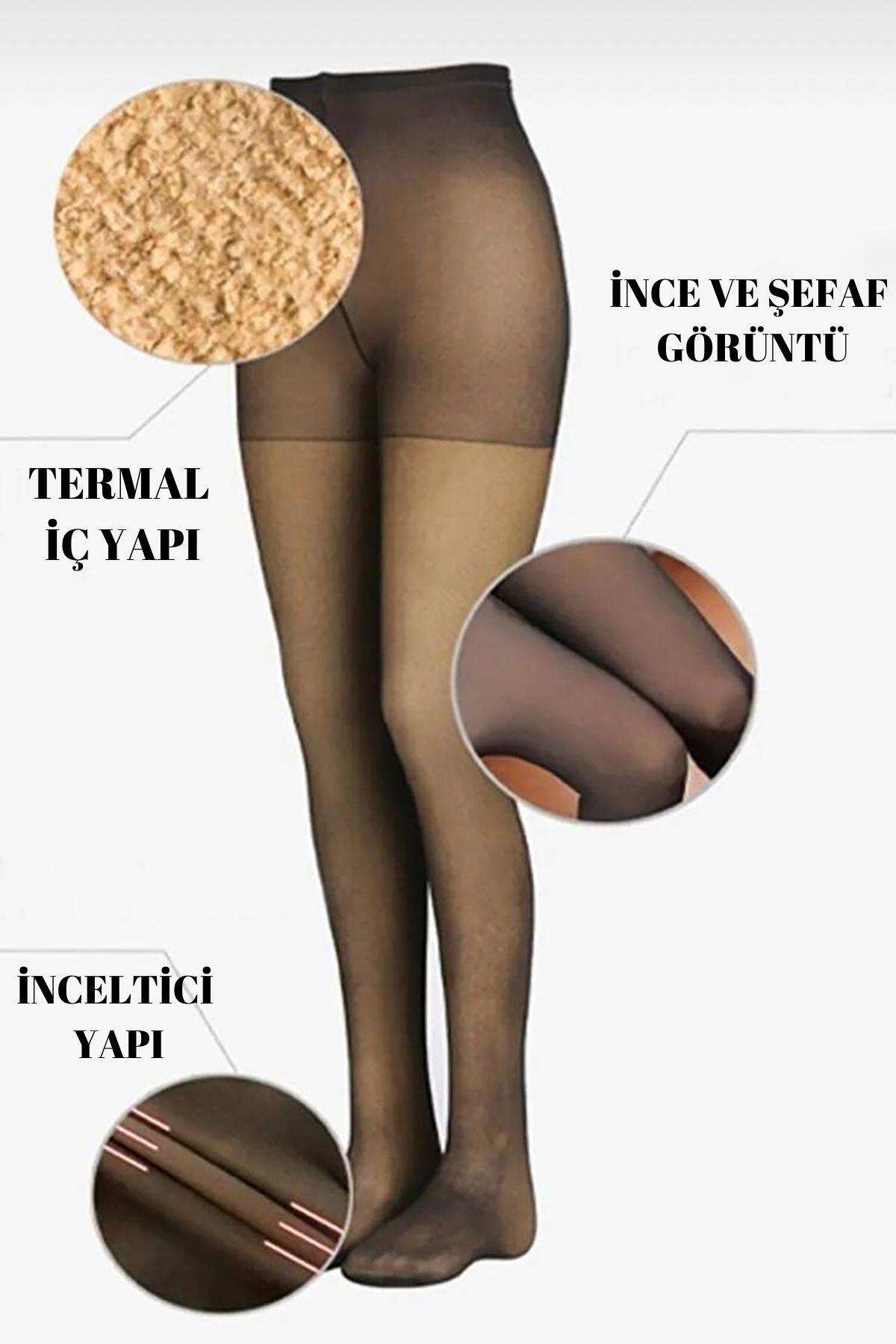 Ten Görünümlü İçi Polarlı Kadın Siyah Termal Külotlu Çorap