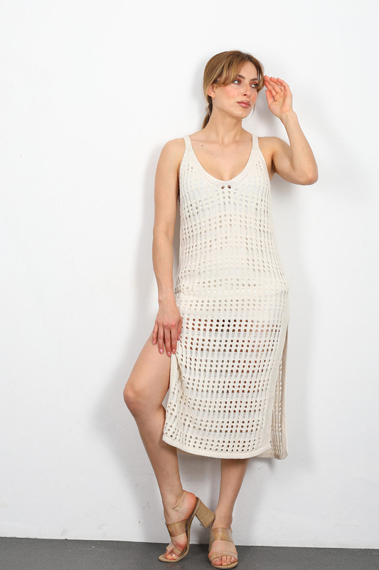 Berox - İç Astarlı Yırtmaç Model Delikli Krem Kadın Elbise